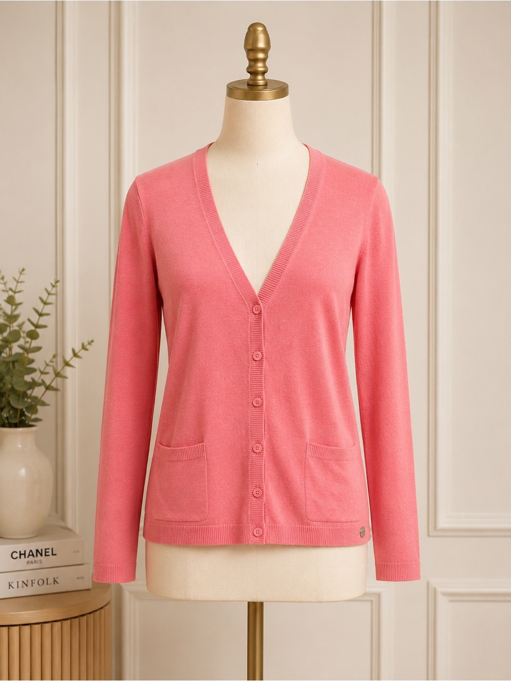 Marina Rinaldi Coral Pink V-Neck Button Cardigan wool blend